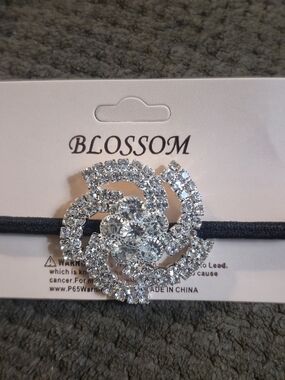 Silver Crystal Floral Hair Tie - Silver